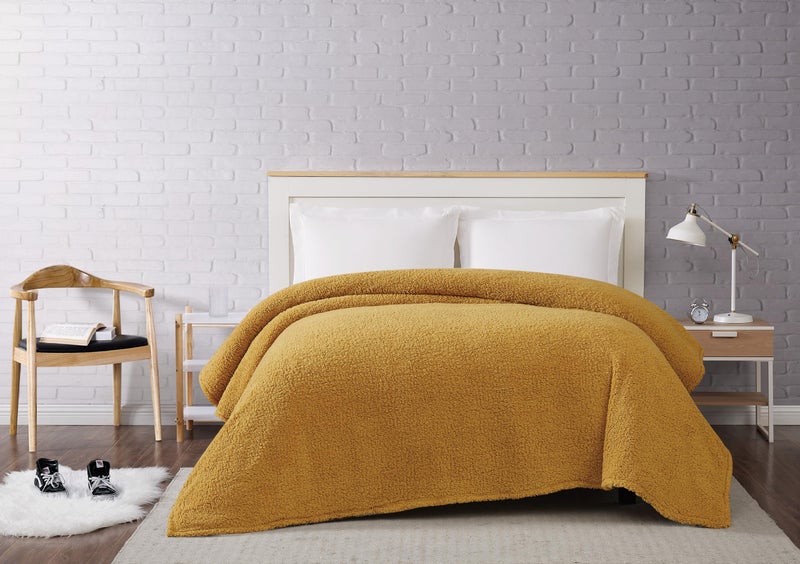 Brooklyn Loom Marshmallow Sherpa Mustard Full/Queen Blanket 100% Polyester Microfiber Plush, Solid Casual Themed, Adult Bedding, Oeko-TEX Certified - Image 5